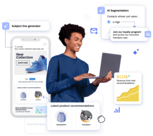 A person in a blue shirt uses a laptop surrounded by digital marketing graphics