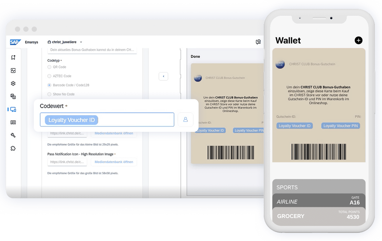A computer screen and smartphone display a loyalty voucher system by SAP Emarsys with barcode.