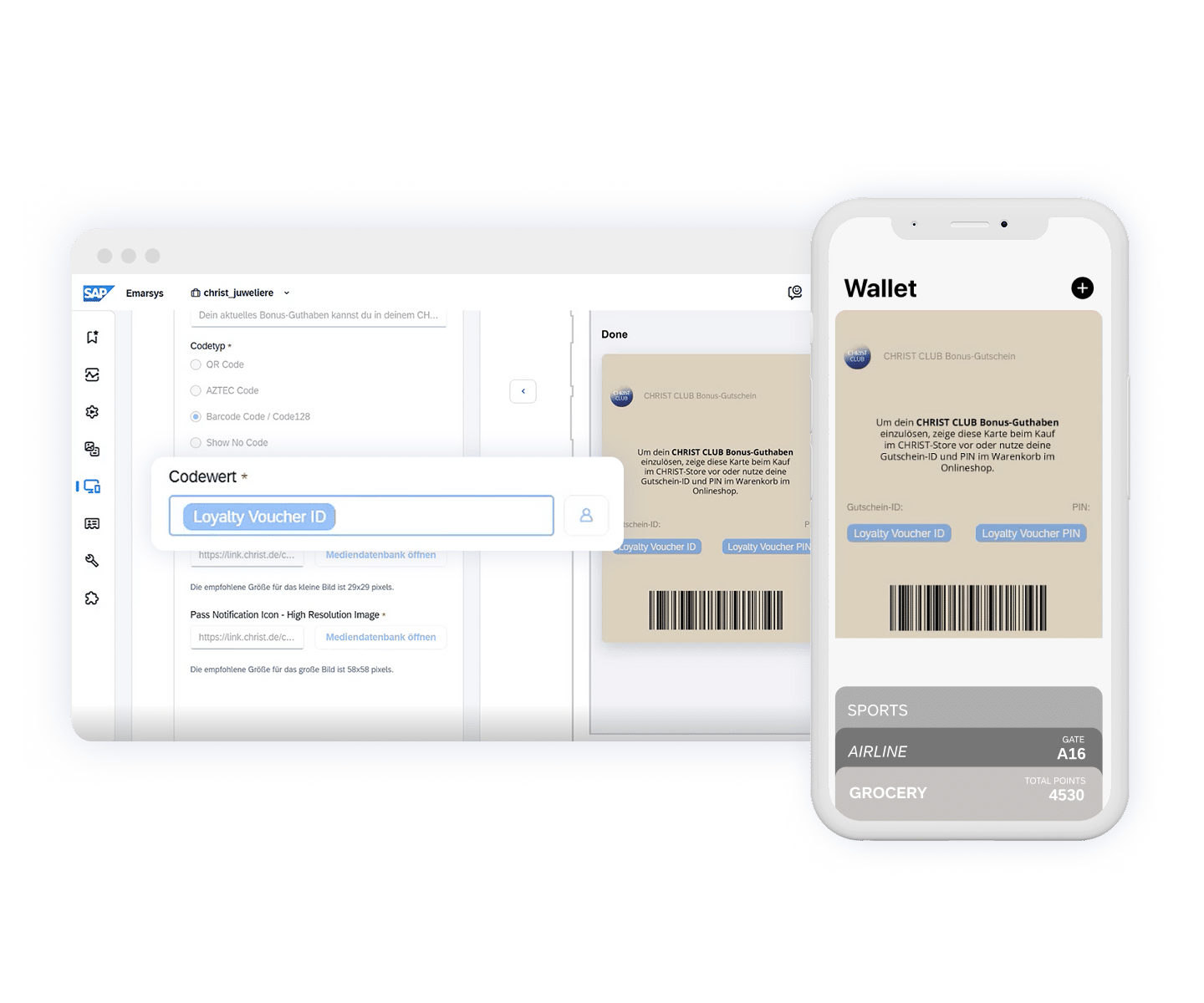 A computer screen and smartphone display a loyalty voucher system by SAP Emarsys with barcode.