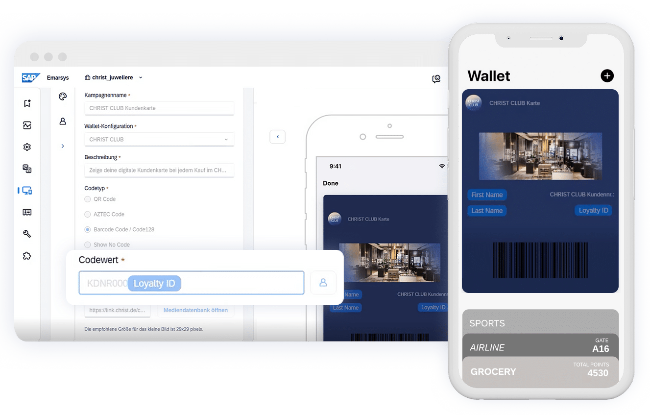 A smartphone displays a digital loyalty card in an app interface showing user details and a barcode.