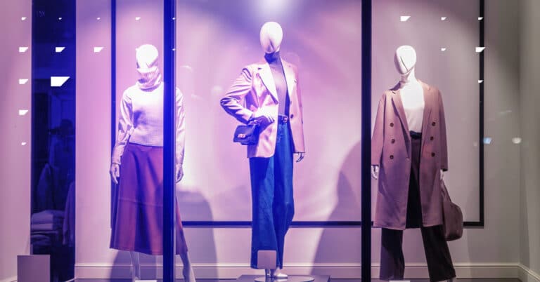 Three mannequins display autumn outfits in a store window each wearing stylish coats and trousers.
